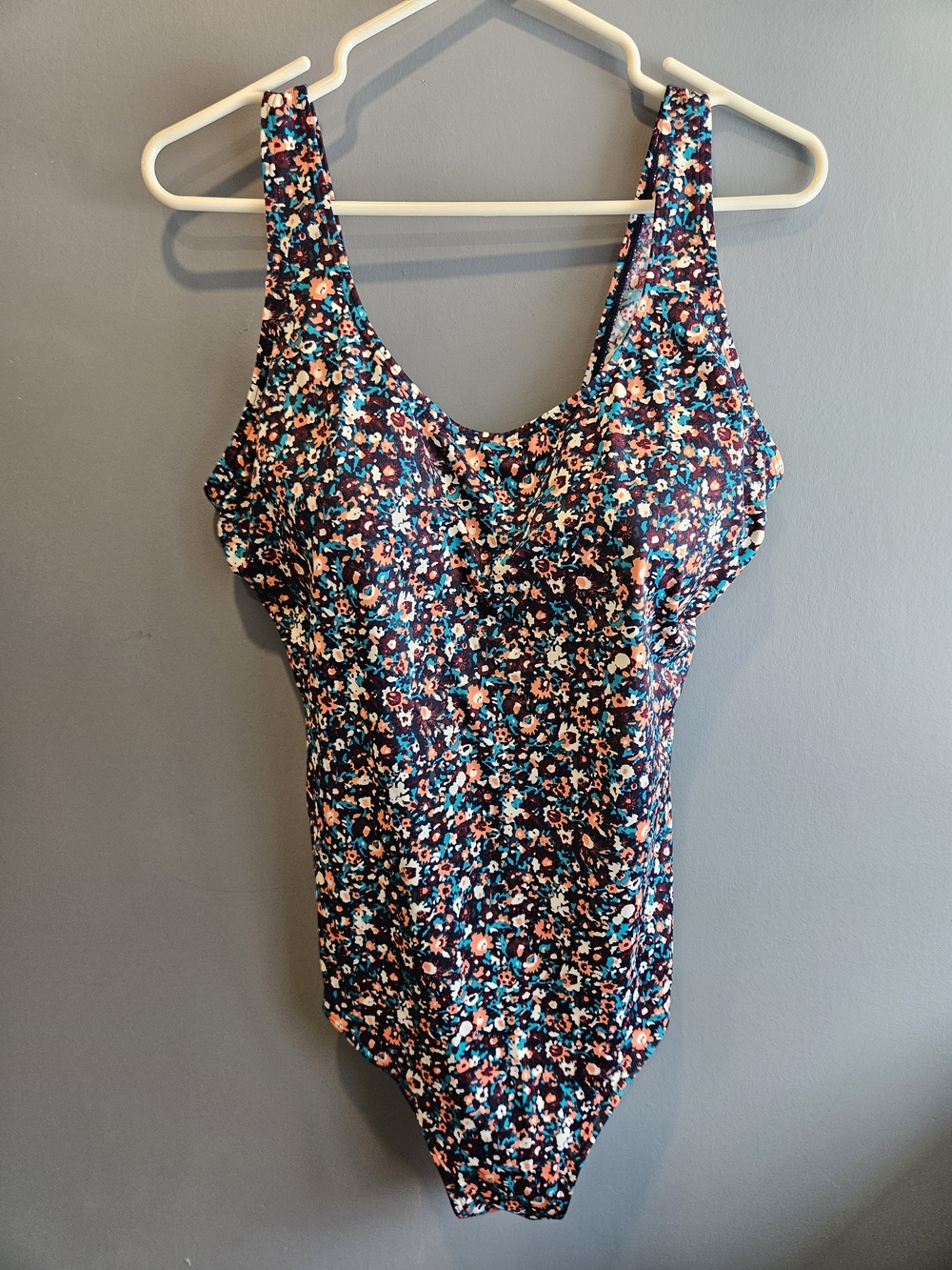 L.L. Bean Navy Floral One-Piece Swimsuit with Teal and Coral Accents